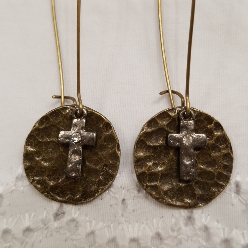 Cross earrings with disk hammered bronze tone - Picture 4 of 8